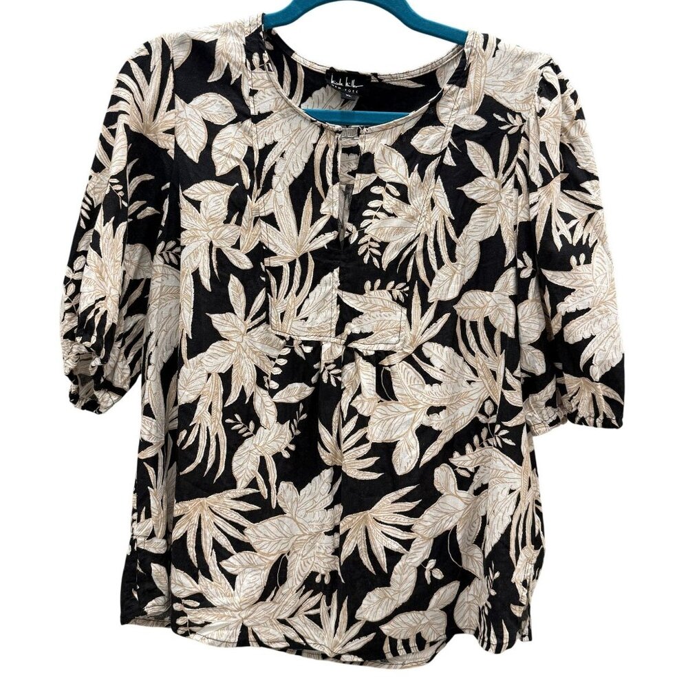Nicole Miller New York Womens XL Black Beige Floral Linen Blouse Office Casual
